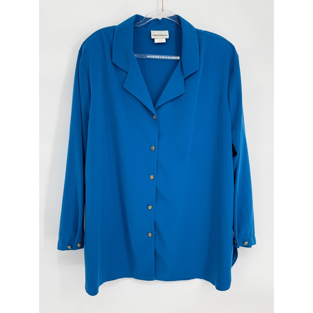 VTG Erin London Royal Blue Button Front Blouse Notched Collar Long Sleeve Sz 2X